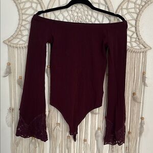 Express Maroon Off-Shoulder Top with Lace Detail